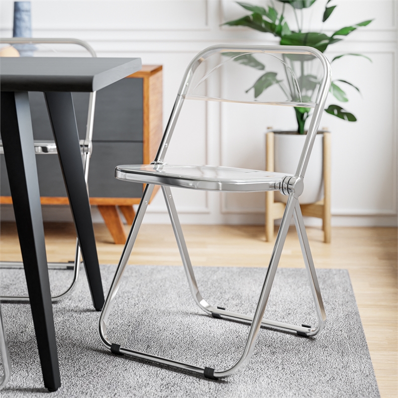LeisureMod Lawrence Acrylic Folding Chair With Metal Frame Set of 2 in Clear
