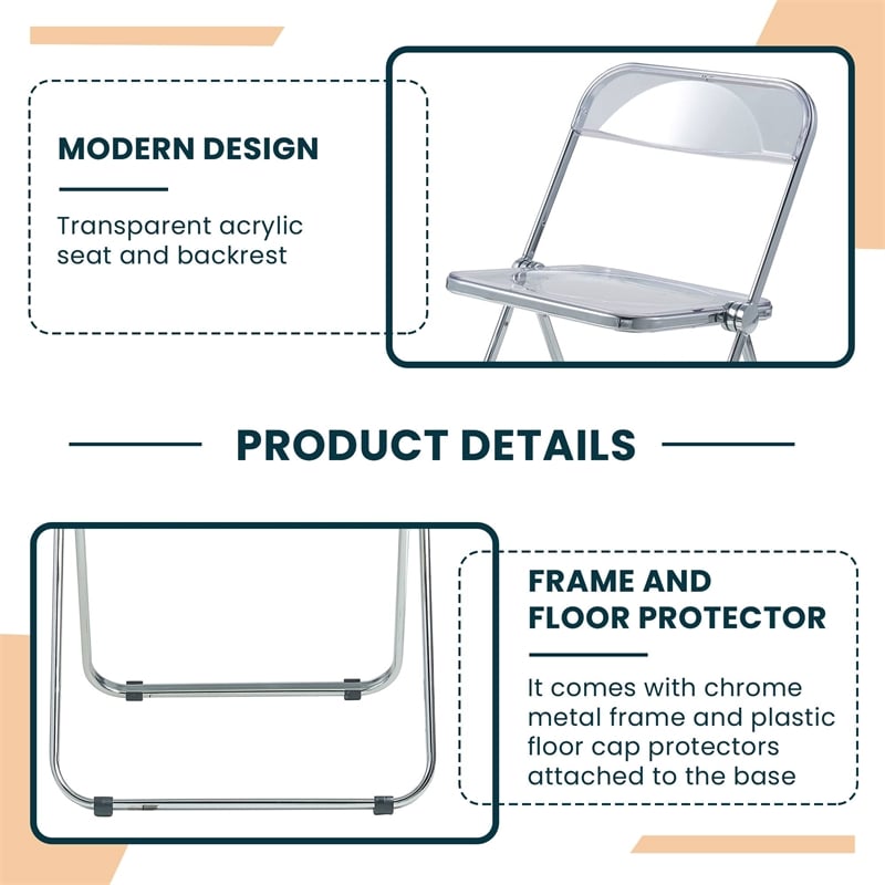 LeisureMod Lawrence Acrylic Folding Chair With Metal Frame Set of 4 in Clear