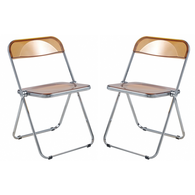 LeisureMod Lawrence Acrylic Folding Chair With Metal Frame Set of 2 in Tangerine