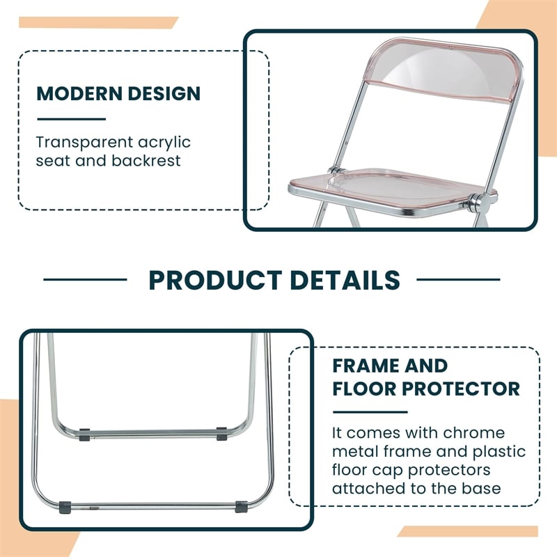 LeisureMod Lawrence Acrylic Folding Chair With Metal Frame in Rose Pink