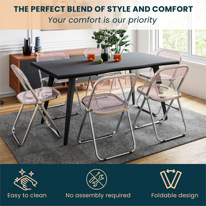 LeisureMod Lawrence Acrylic Folding Chair With Metal Frame Set of 2 in Rose Pink