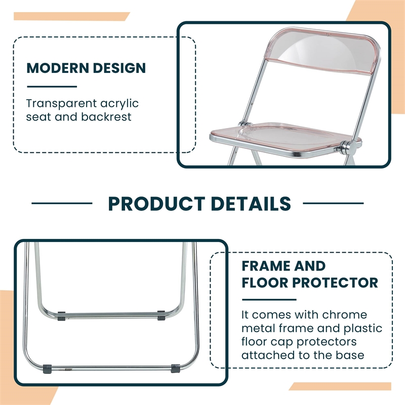 LeisureMod Lawrence Acrylic Folding Chair With Metal Frame Set of 2 in Rose Pink