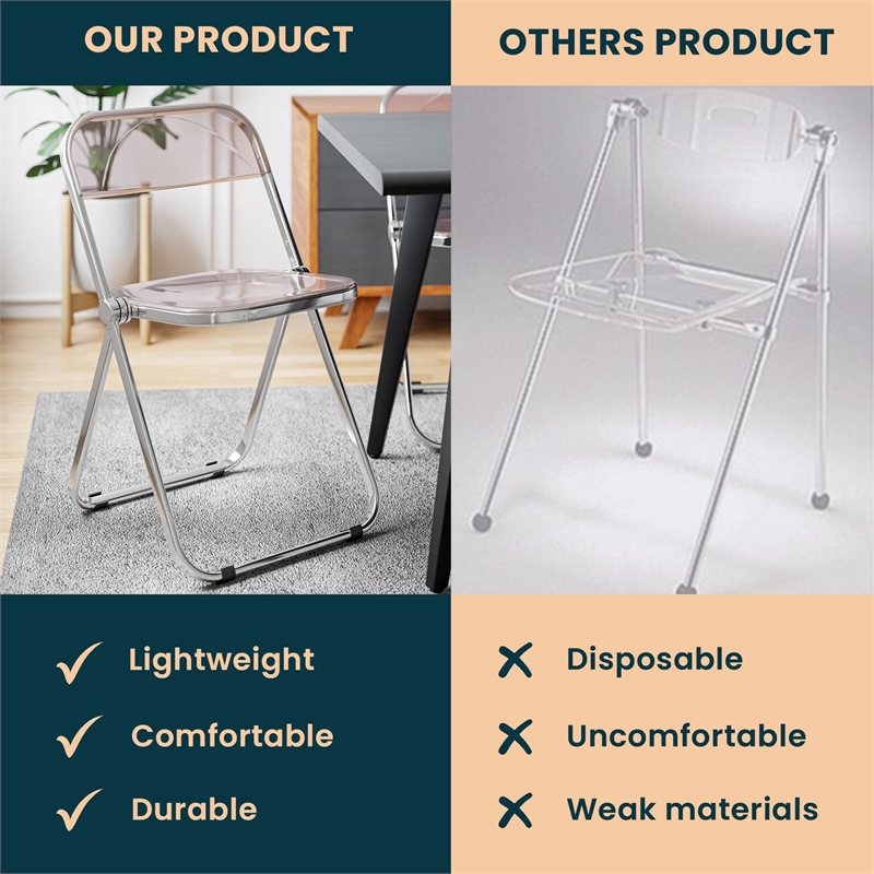 LeisureMod Lawrence Acrylic Folding Chair With Metal Frame Set of 4 in Rose Pink