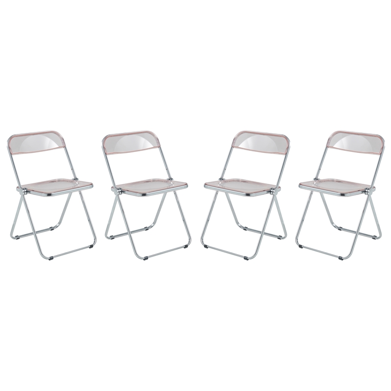 LeisureMod Lawrence Acrylic Folding Chair With Metal Frame Set of 4 in Rose Pink