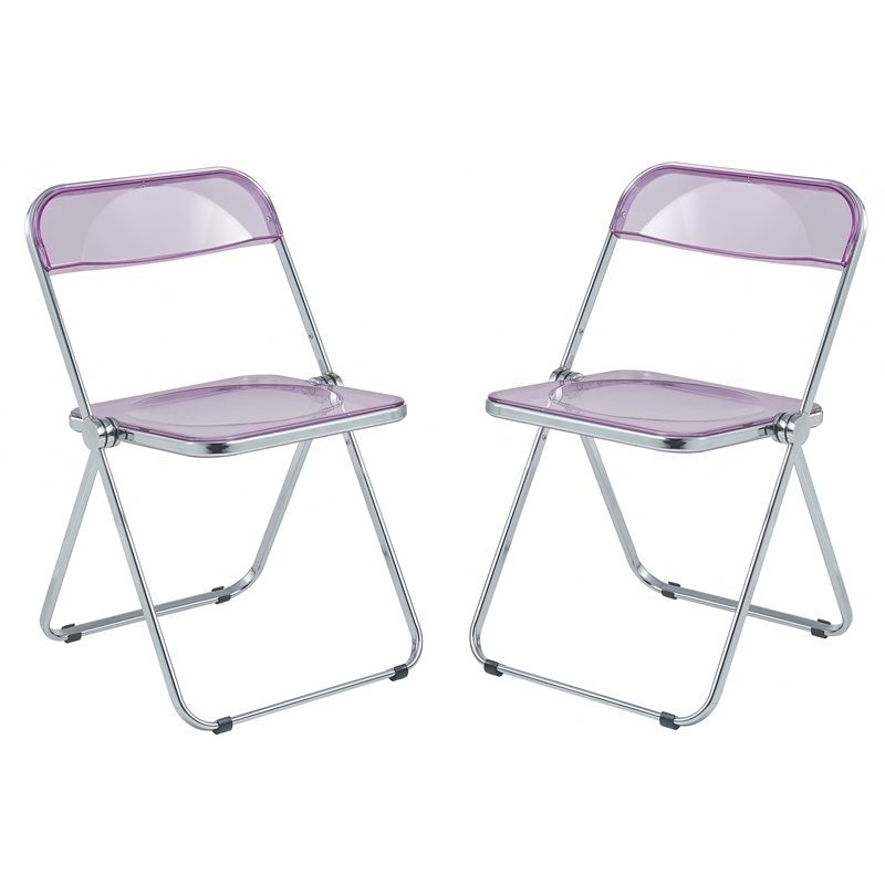LeisureMod Lawrence Acrylic Folding Chair With Metal Frame Set of 2 in Magenta