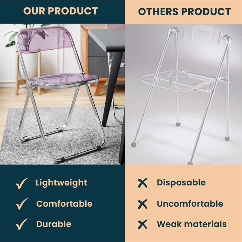 LeisureMod Lawrence Acrylic Folding Chair With Metal Frame Set of 4 in Magenta