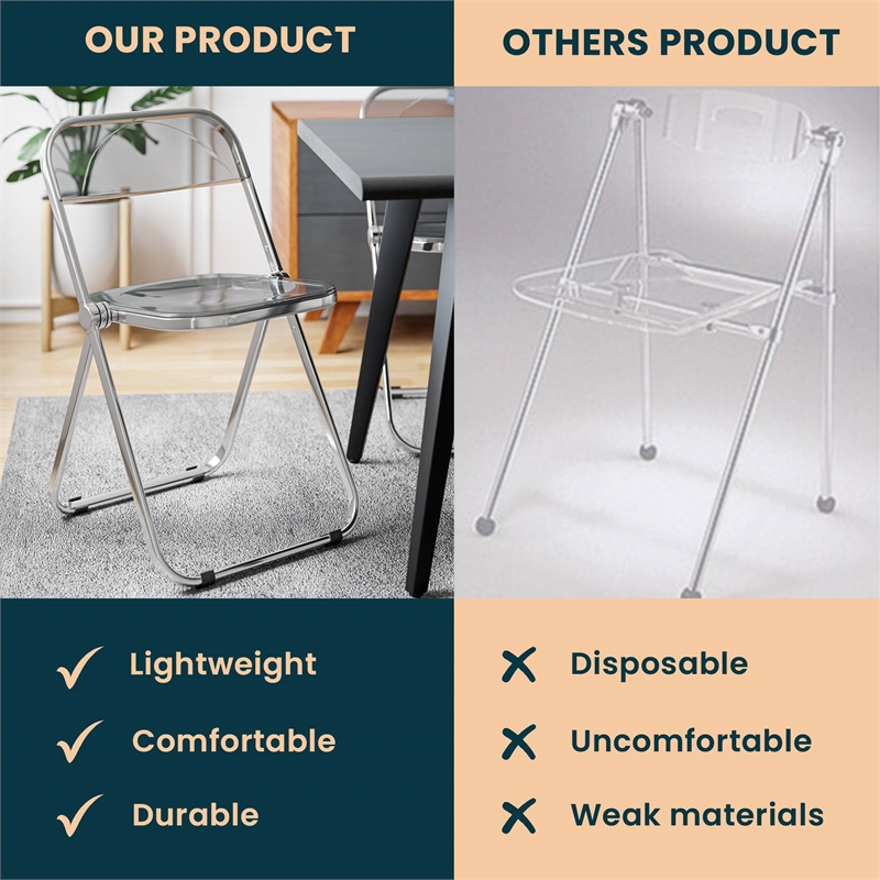 LeisureMod Lawrence Acrylic Folding Chair With Metal Frame Set of 2 in Black