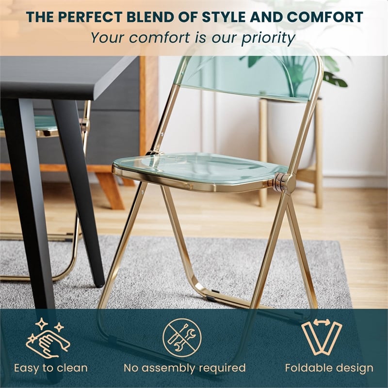 LeisureMod Lawrence Acrylic Folding Chair With Gold Metal Frame in Jade Green