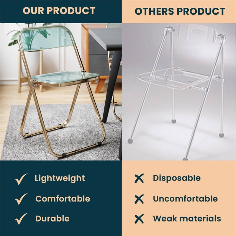 LeisureMod Lawrence Acrylic Folding Chair With Gold Metal Frame in Jade Green