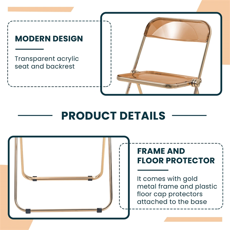 LeisureMod Lawrence Acrylic Folding Chair in Gold Metal Frame/Tangerine