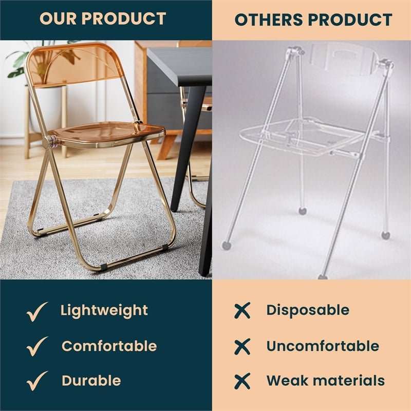LeisureMod Lawrence Acrylic Folding Chair in Gold Metal Frame/Tangerine