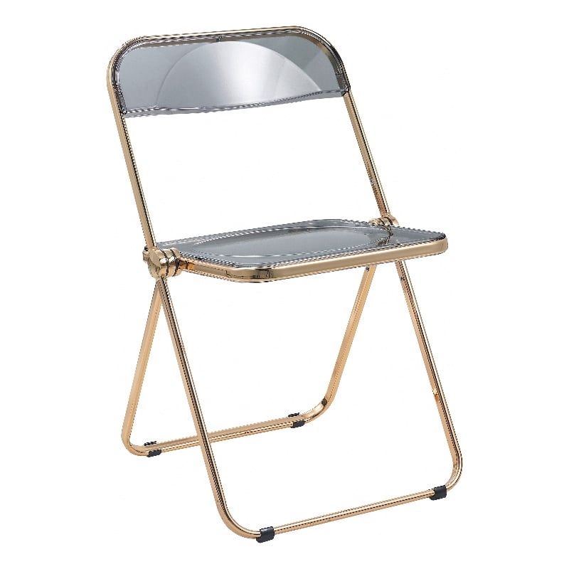 LeisureMod Lawrence Acrylic Folding Chair With Gold Metal Frame in Black