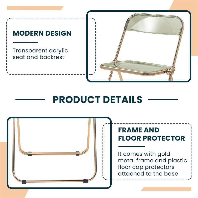 LeisureMod Lawrence Acrylic Folding Chair Gold Metal Frame Set of 2 in Amber