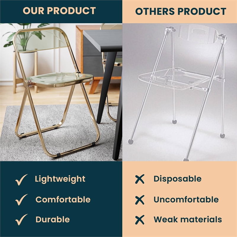 LeisureMod Lawrence Acrylic Folding Chair Gold Metal Frame Set of 2 in Amber