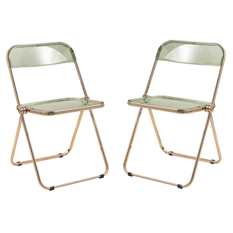 LeisureMod Lawrence Acrylic Folding Chair Gold Metal Frame Set of 2 in Amber