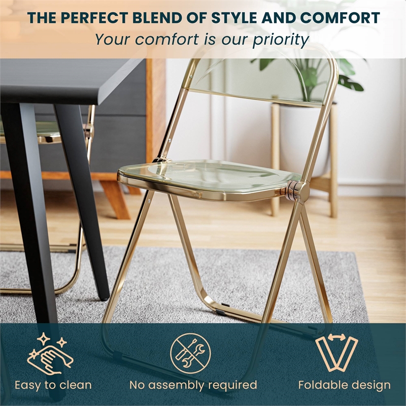 LeisureMod Lawrence Acrylic Folding Chair Gold Metal Frame Set of 4 in Amber