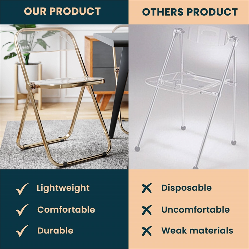 LeisureMod Lawrence Acrylic Folding Chair Gold Metal Frame Set of 2 in Clear