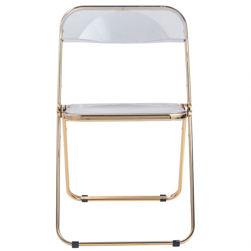 LeisureMod Lawrence Acrylic Folding Chair Gold Metal Frame Set of 2 in Clear