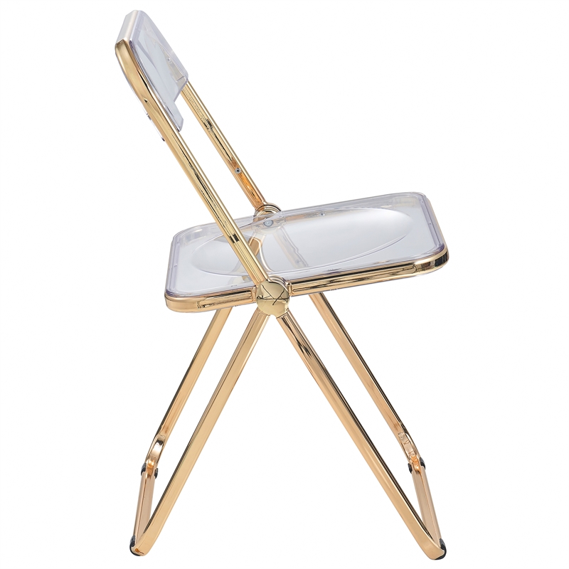 LeisureMod Lawrence Acrylic Folding Chair Gold Metal Frame Set of 2 in Clear