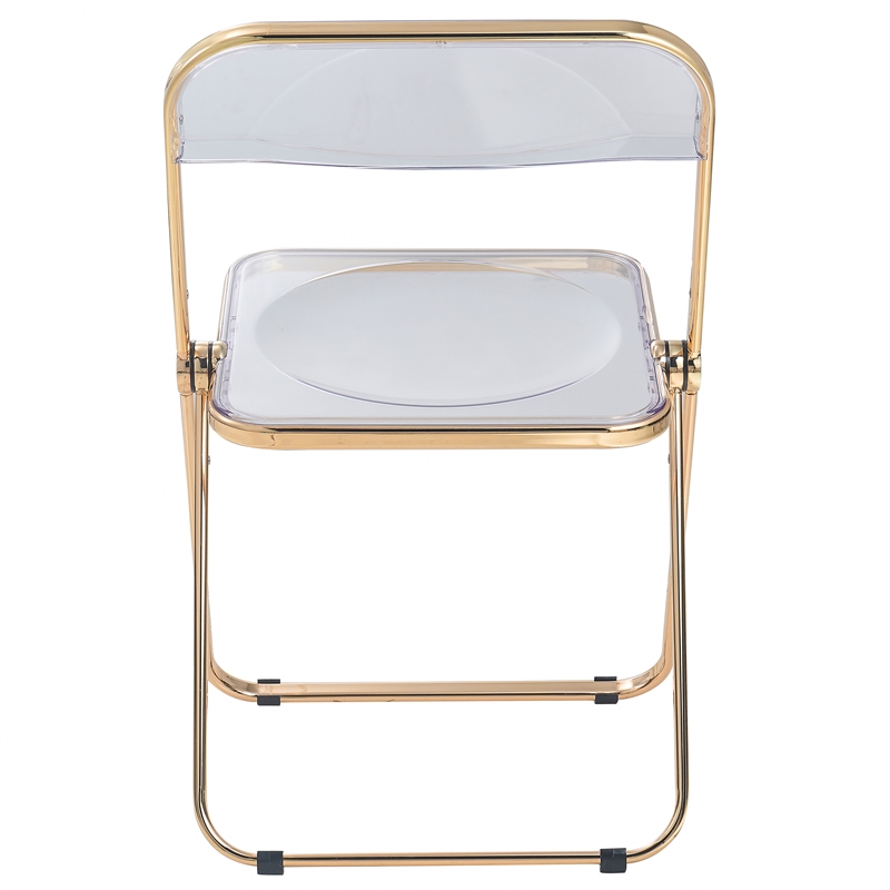 LeisureMod Lawrence Acrylic Folding Chair Gold Metal Frame Set of 2 in Clear