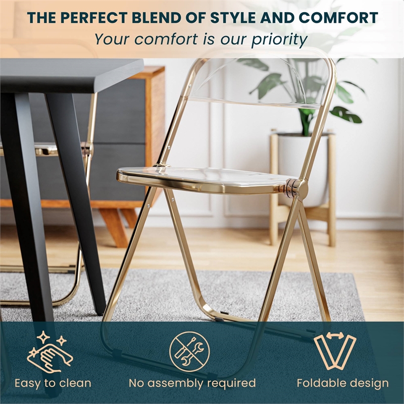 LeisureMod Lawrence Acrylic Folding Chair Gold Metal Frame Set of 4 in Clear