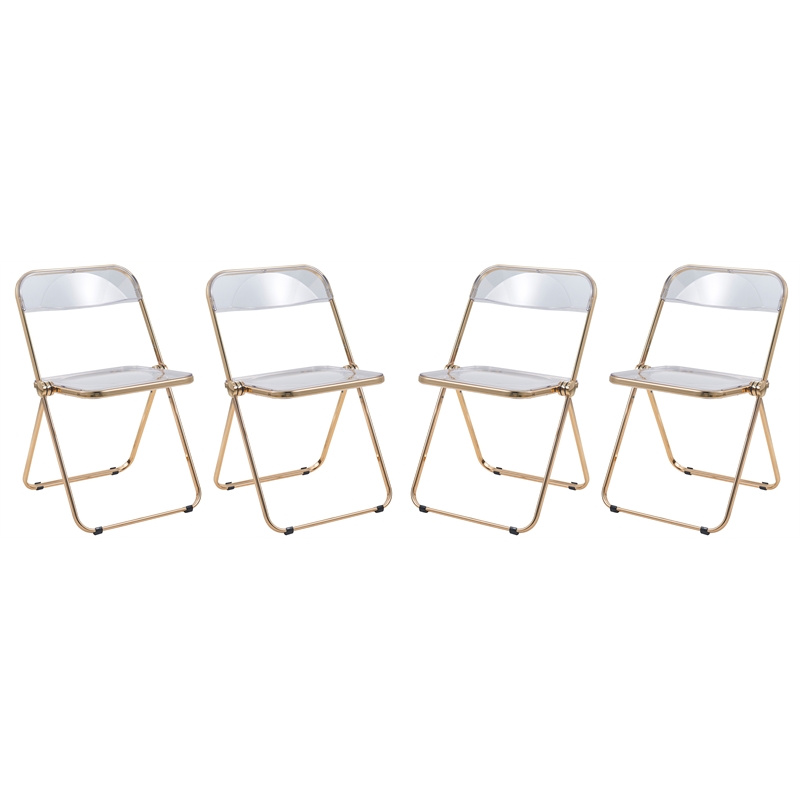 LeisureMod Lawrence Acrylic Folding Chair Gold Metal Frame Set of 4 in Clear