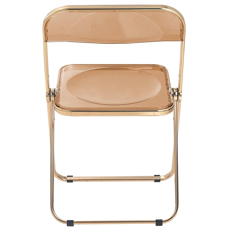 LeisureMod Lawrence Acrylic Folding Chair Gold Metal Frame Set of 2 in Tangerine