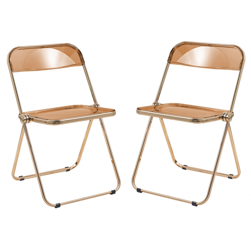 LeisureMod Lawrence Acrylic Folding Chair Gold Metal Frame Set of 2 in Tangerine