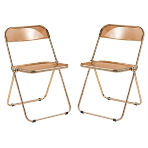 LeisureMod Lawrence Acrylic Folding Chair Gold Metal Frame Set of 2 in Tangerine
