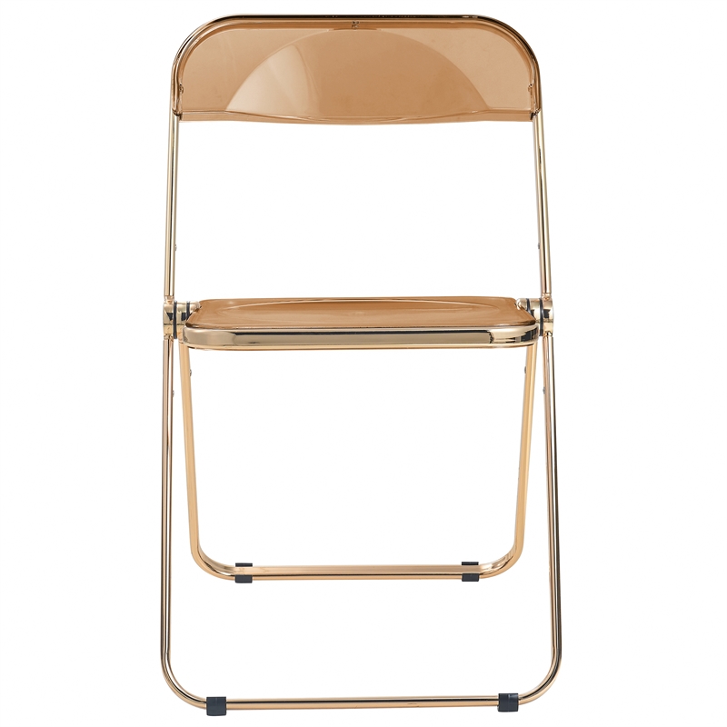 LeisureMod Lawrence Acrylic Folding Chair Gold Metal Frame Set of 4 in Tangerine
