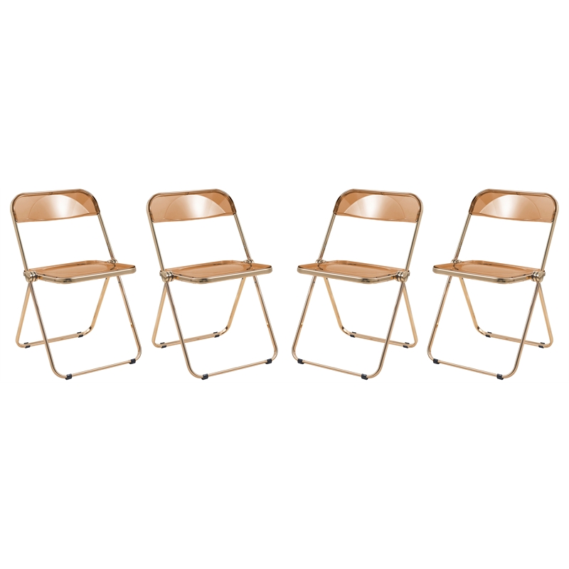 LeisureMod Lawrence Acrylic Folding Chair Gold Metal Frame Set of 4 in Tangerine