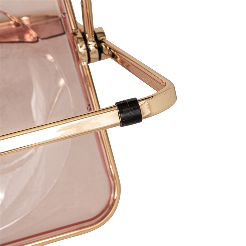 LeisureMod Lawrence Acrylic Folding Chair Gold Metal Frame Set of 2 in Rose Pink