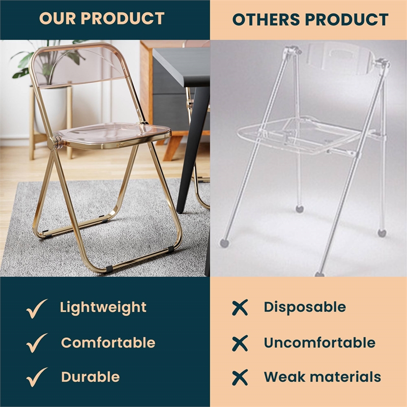 LeisureMod Lawrence Acrylic Folding Chair Gold Metal Frame Set of 4 in Rose Pink