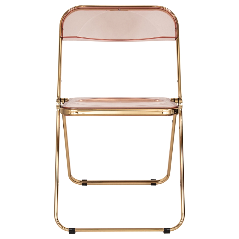 LeisureMod Lawrence Acrylic Folding Chair Gold Metal Frame Set of 4 in Rose Pink