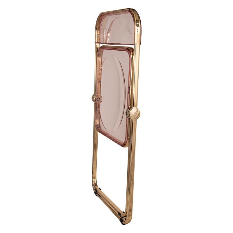 LeisureMod Lawrence Acrylic Folding Chair Gold Metal Frame Set of 4 in Rose Pink