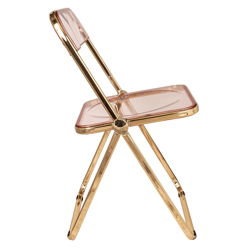 LeisureMod Lawrence Acrylic Folding Chair Gold Metal Frame Set of 4 in Rose Pink