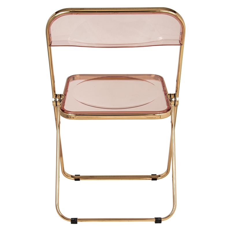 LeisureMod Lawrence Acrylic Folding Chair Gold Metal Frame Set of 4 in Rose Pink