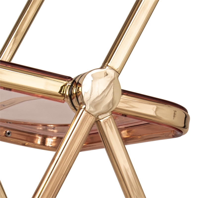 LeisureMod Lawrence Acrylic Folding Chair Gold Metal Frame Set of 4 in Rose Pink