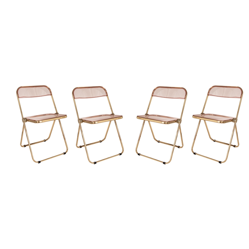 LeisureMod Lawrence Acrylic Folding Chair Gold Metal Frame Set of 4 in Rose Pink
