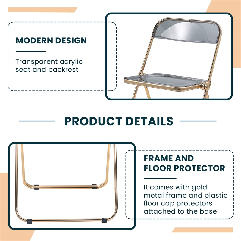 LeisureMod Lawrence Acrylic Folding Chair Gold Metal Frame Set of 2 in Black