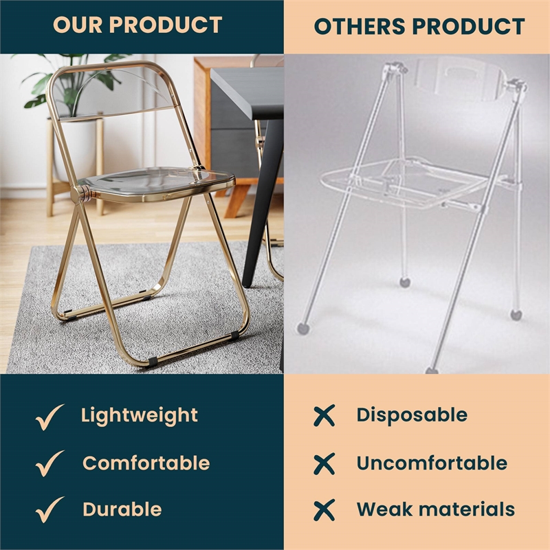 LeisureMod Lawrence Acrylic Folding Chair Gold Metal Frame Set of 4 in Black