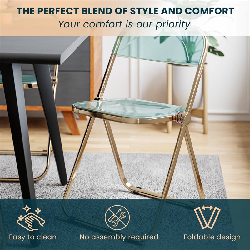 LeisureMod Lawrence Acrylic Folding Chair Gold Metal Frame 4 Set in Jade Green