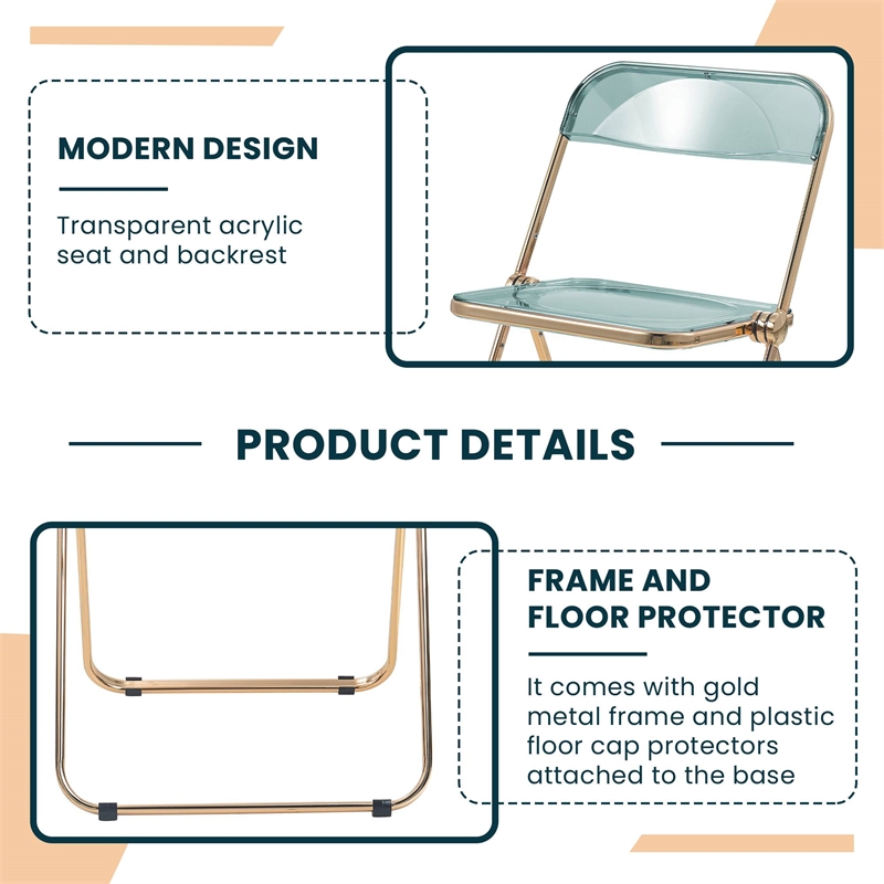 LeisureMod Lawrence Acrylic Folding Chair Gold Metal Frame 4 Set in Jade Green