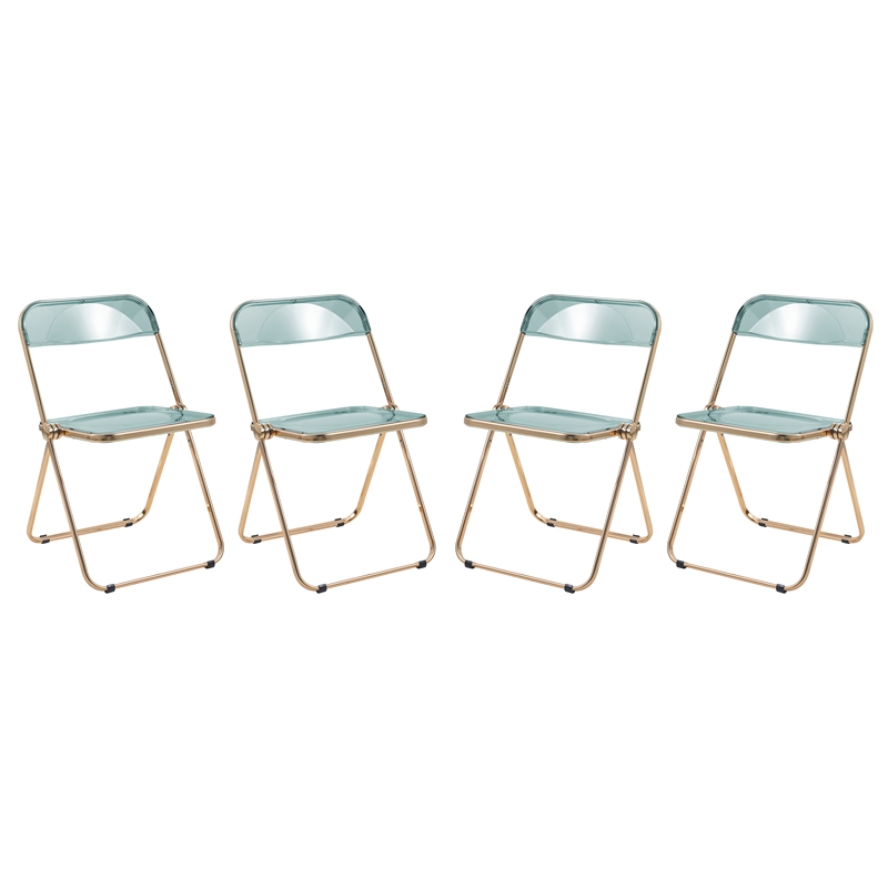 LeisureMod Lawrence Acrylic Folding Chair Gold Metal Frame 4 Set in Jade Green