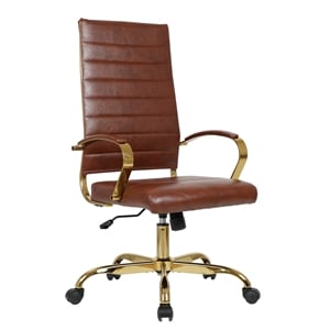 LeisureMod Benmar High-Back Leather Office Chair With Gold Frame in Brown