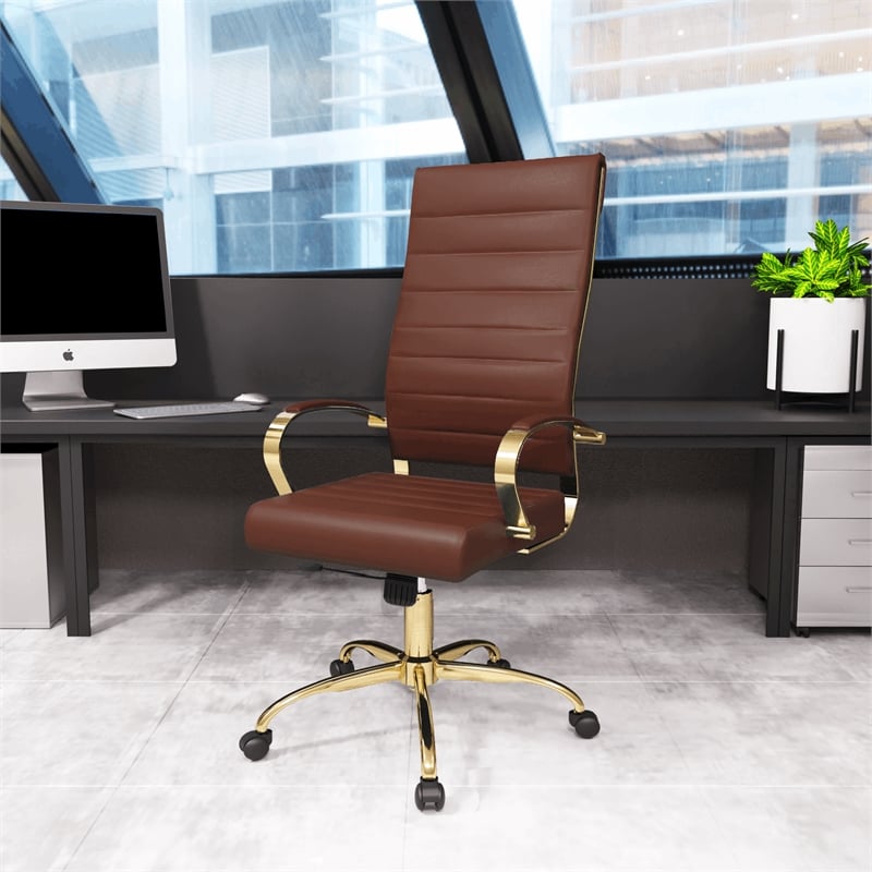 LeisureMod Benmar High-Back Leather Office Chair With Gold Frame in Brown
