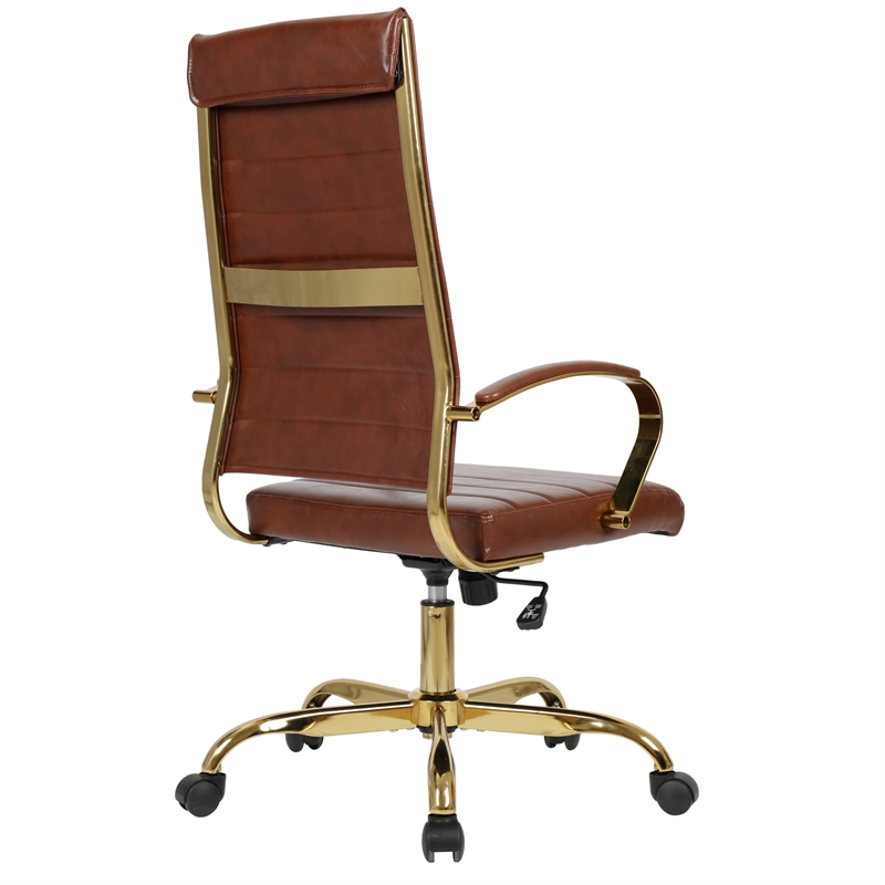 LeisureMod Benmar High-Back Leather Office Chair With Gold Frame in Brown