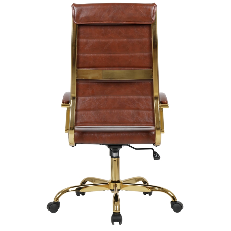 LeisureMod Benmar High-Back Leather Office Chair With Gold Frame in Brown