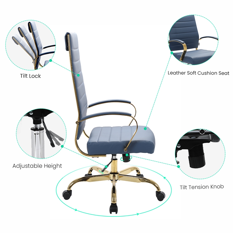 LeisureMod Benmar High-Back Leather Office Chair With Gold Frame in Navy Blue