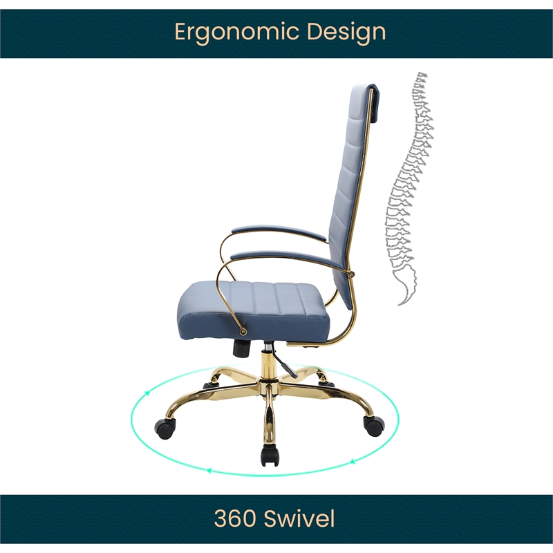 LeisureMod Benmar High-Back Leather Office Chair With Gold Frame in Navy Blue